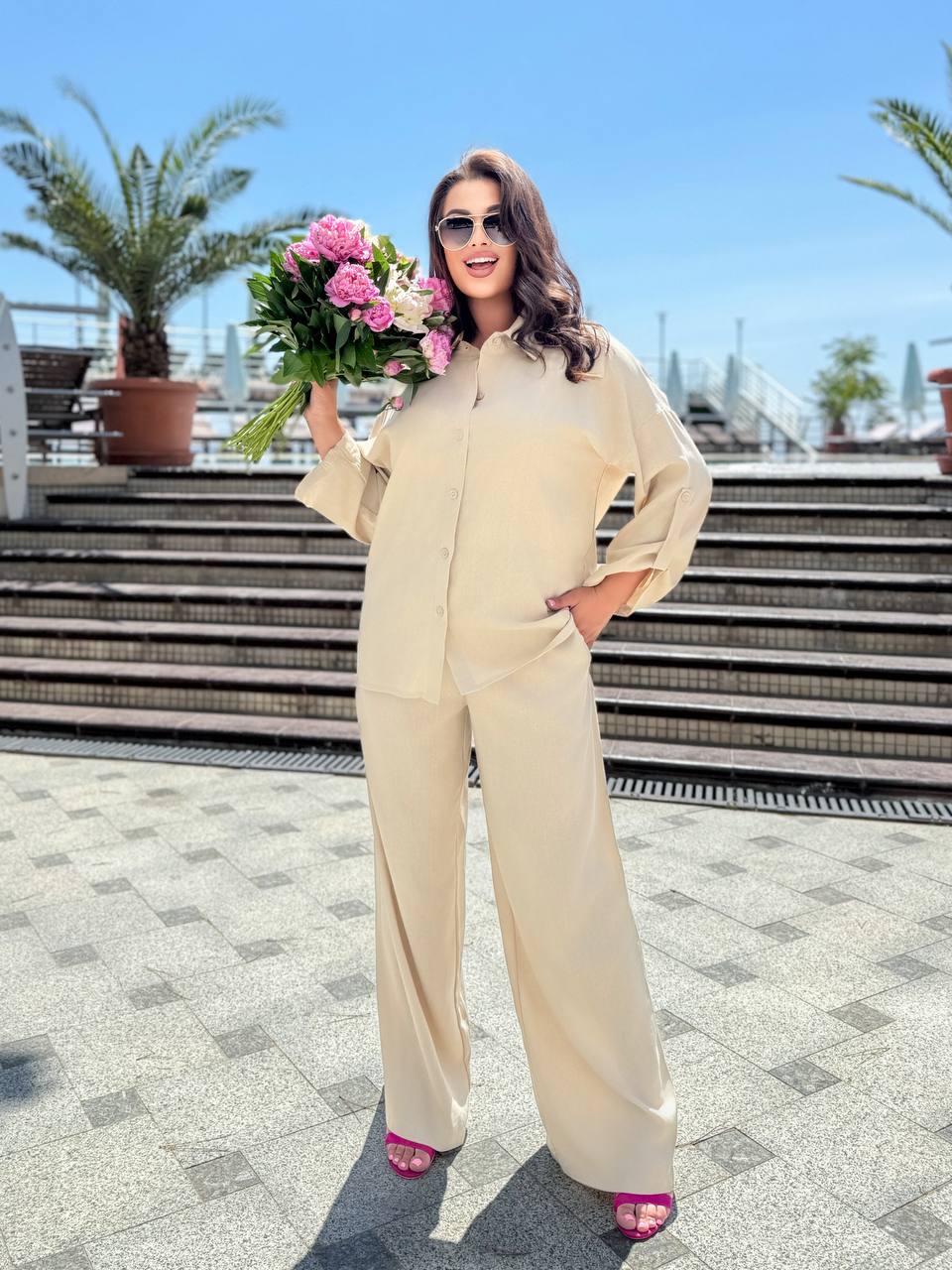 Womens Beige Linen Suit Comfortable Casual Two Piece Set