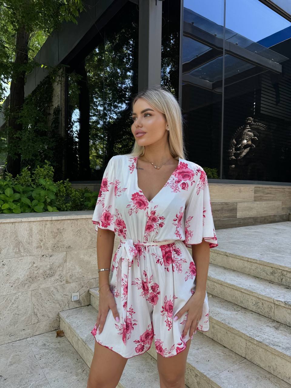 Floral White Staple Jumpsuit with V Neck and Waist Tie