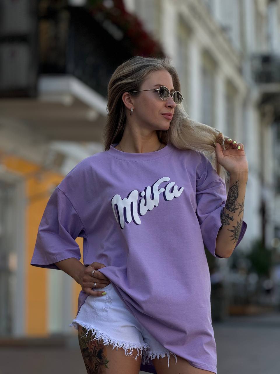 Purple Oversized Casual T-Shirt with Milfa Print