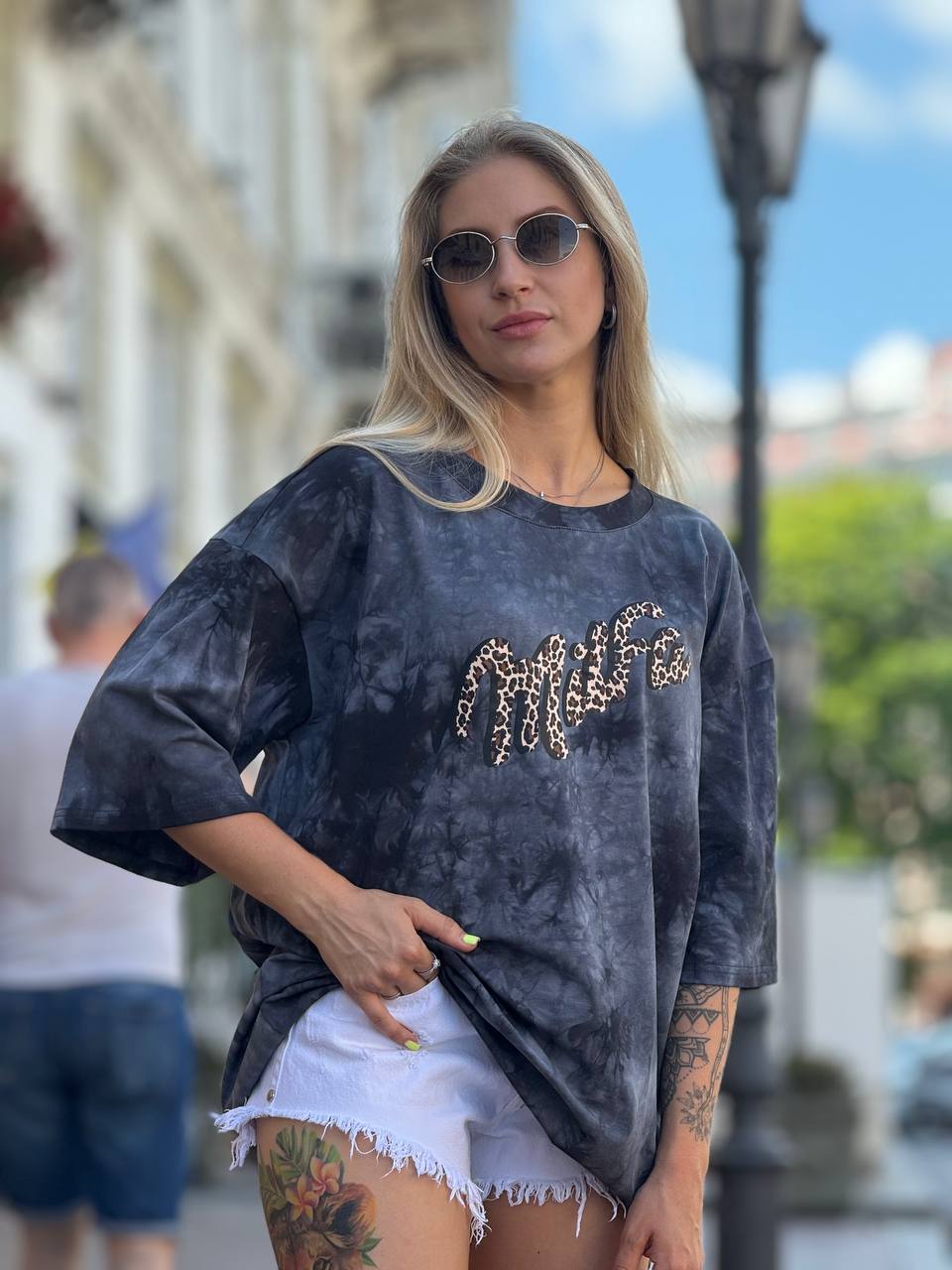 Womens Tie Dye Oversized T Shirt with Leopard Print Design
