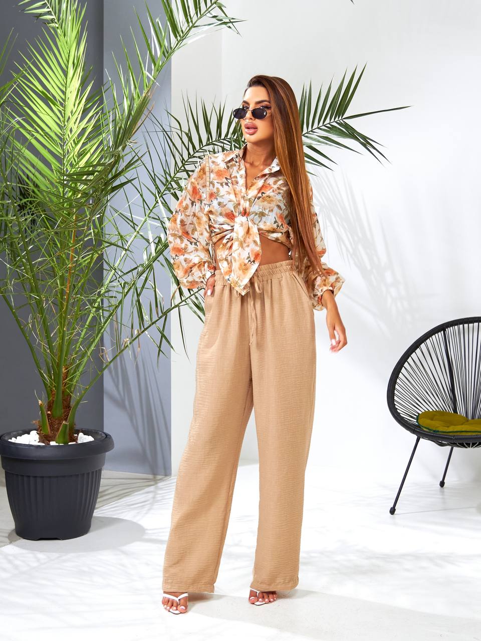 Beige Linen Wide-Leg Trousers for Women