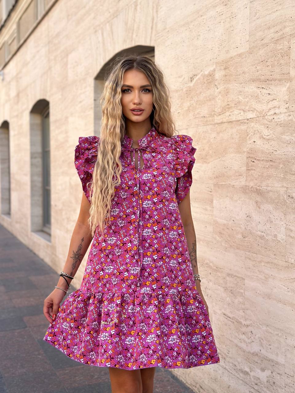Pink Floral Short Sleeve Ruffle Dress in Silk Soft Fabric