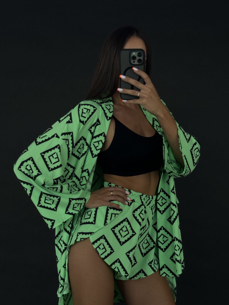 Green Geometric Pattern Two-Piece Suit Soft Fabric