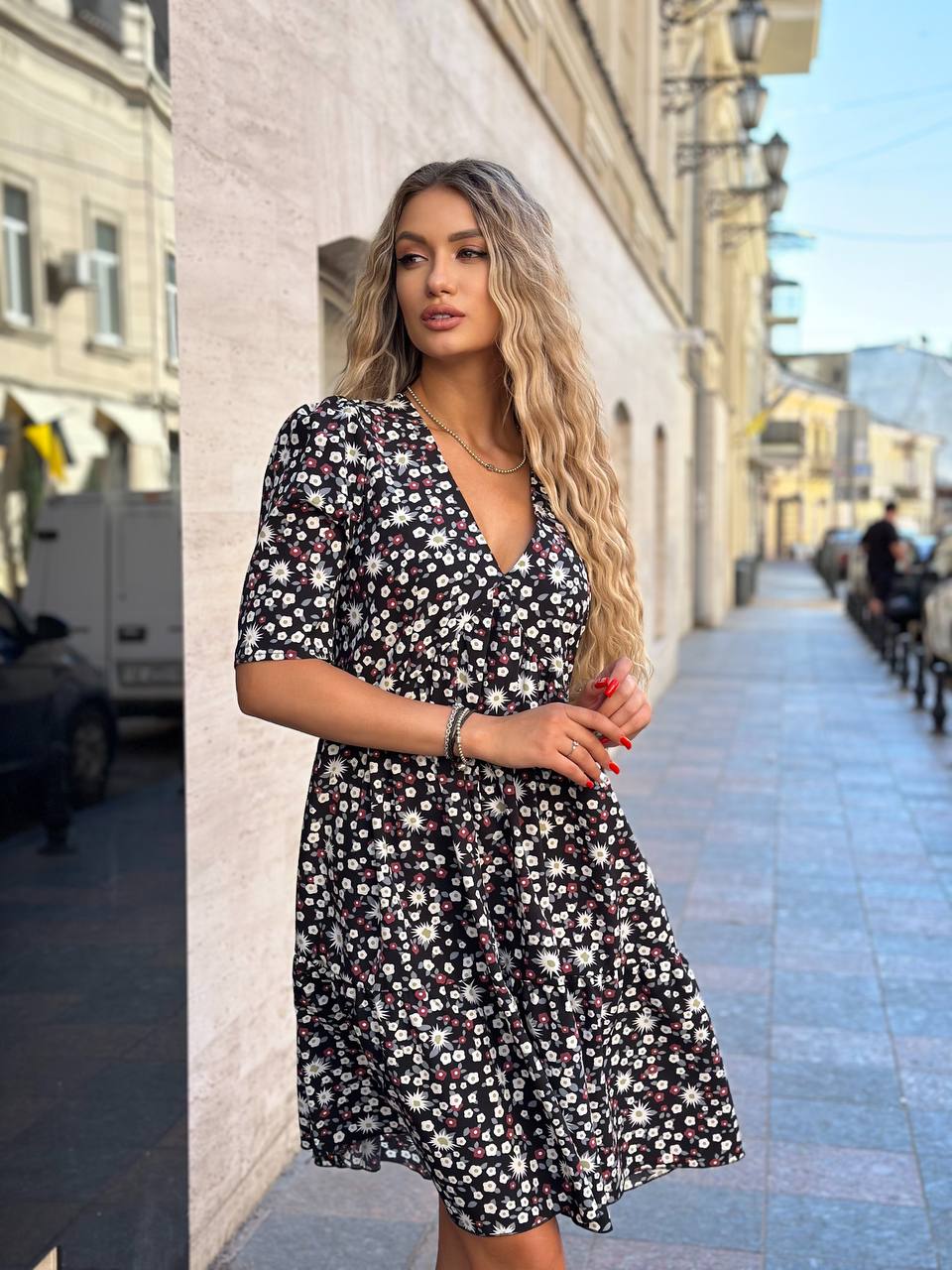 Black Floral V Neck Soft Silk Midi Dress