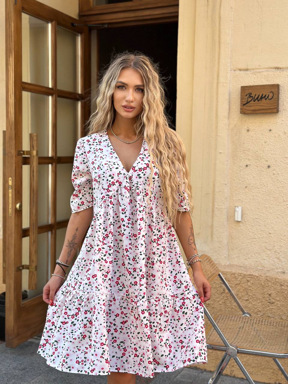 White Floral V Neck Midi Dress Soft Silk Fabric