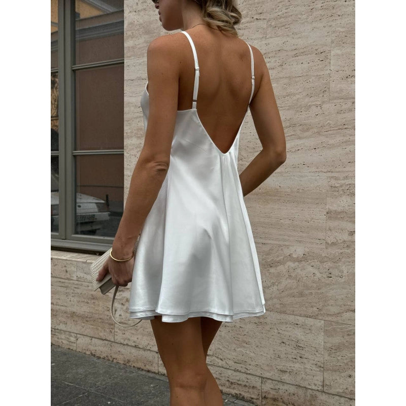 Elegant White Silk Slip Dress with Lace Detail and Back Cutout