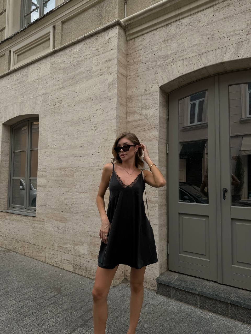 Black Silk Slip Dress with Lace Trim