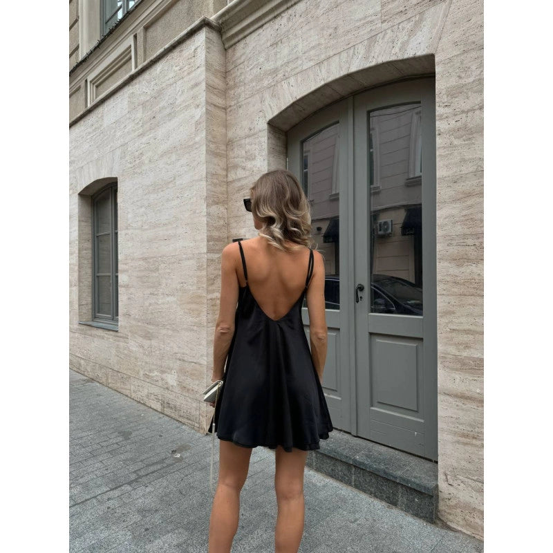 Elegant Black Slip Dress with Lace Details and Back Cutout