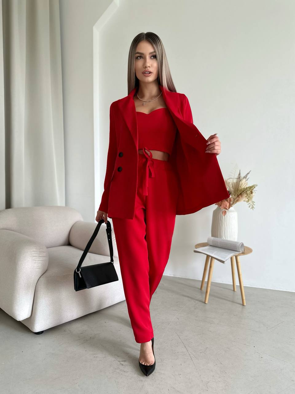 Elegant Three Piece Red Suit for Women Perfect for Weddings and Events