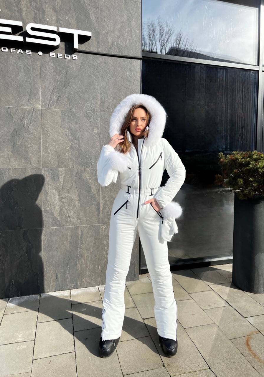 White Women And Kids Ski Jumpsuit with Belt Mittens and Bag Insulated Winter Snow Suit