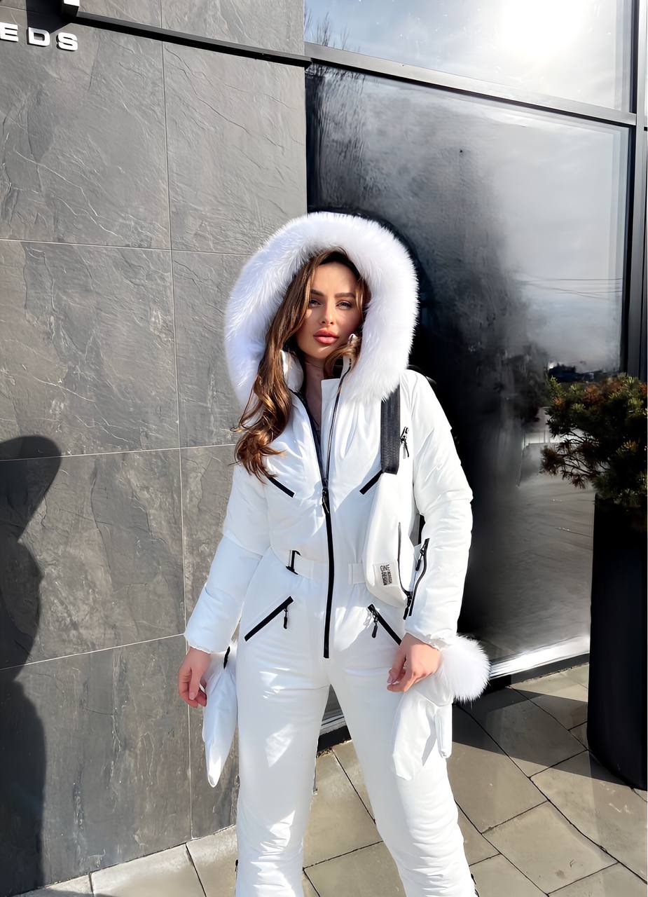 White Women And Kids Ski Jumpsuit with Belt Mittens and Bag Insulated Winter Snow Suit