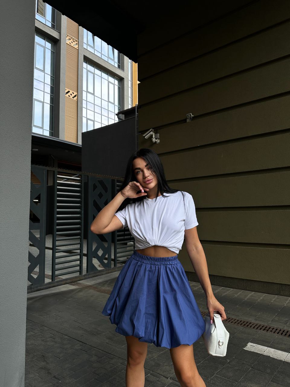 Blue Cotton Mini Skirt with Elastic Waist