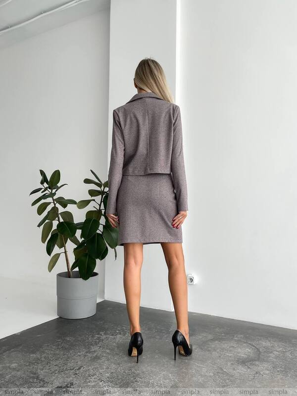 Woman in a gray suit standing in a minimalistic room with a plant.