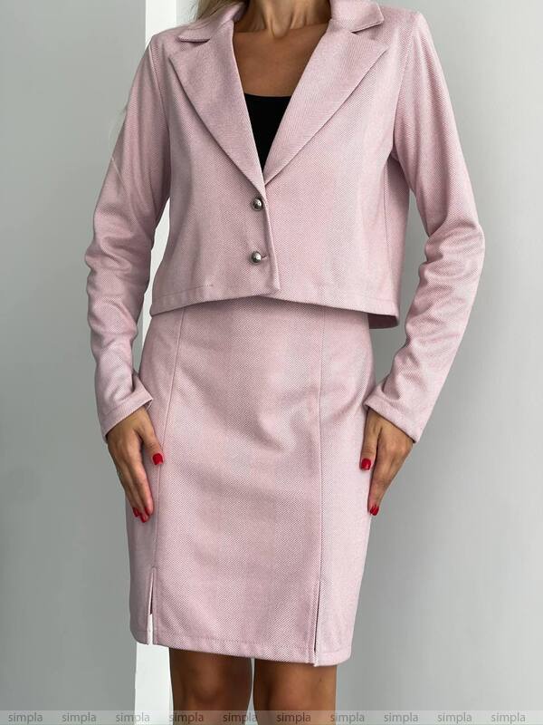 Pink suit with jacket and skirt on a gray background