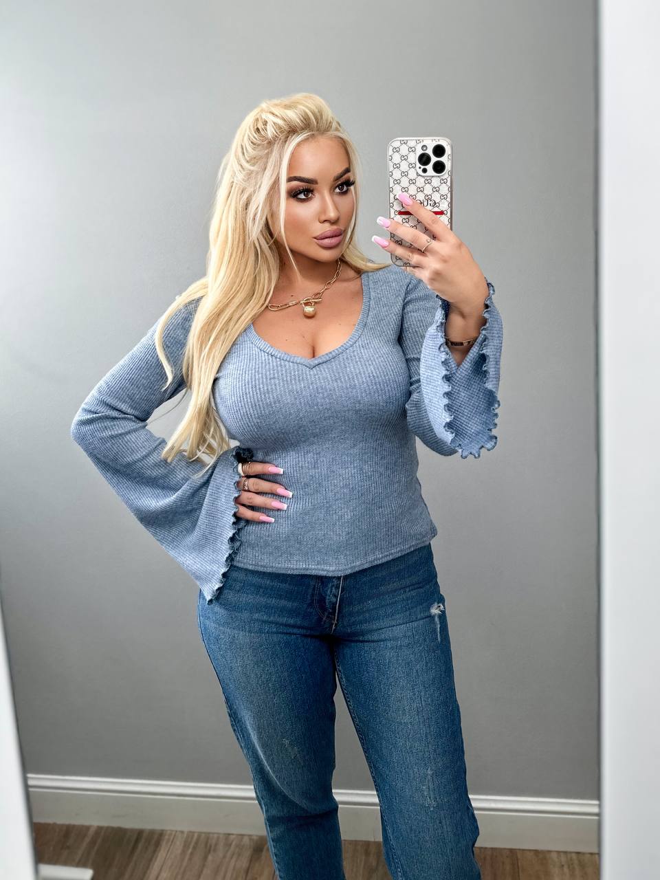 Womens Gray Ribbed Knit Sweater with Flared Sleeves