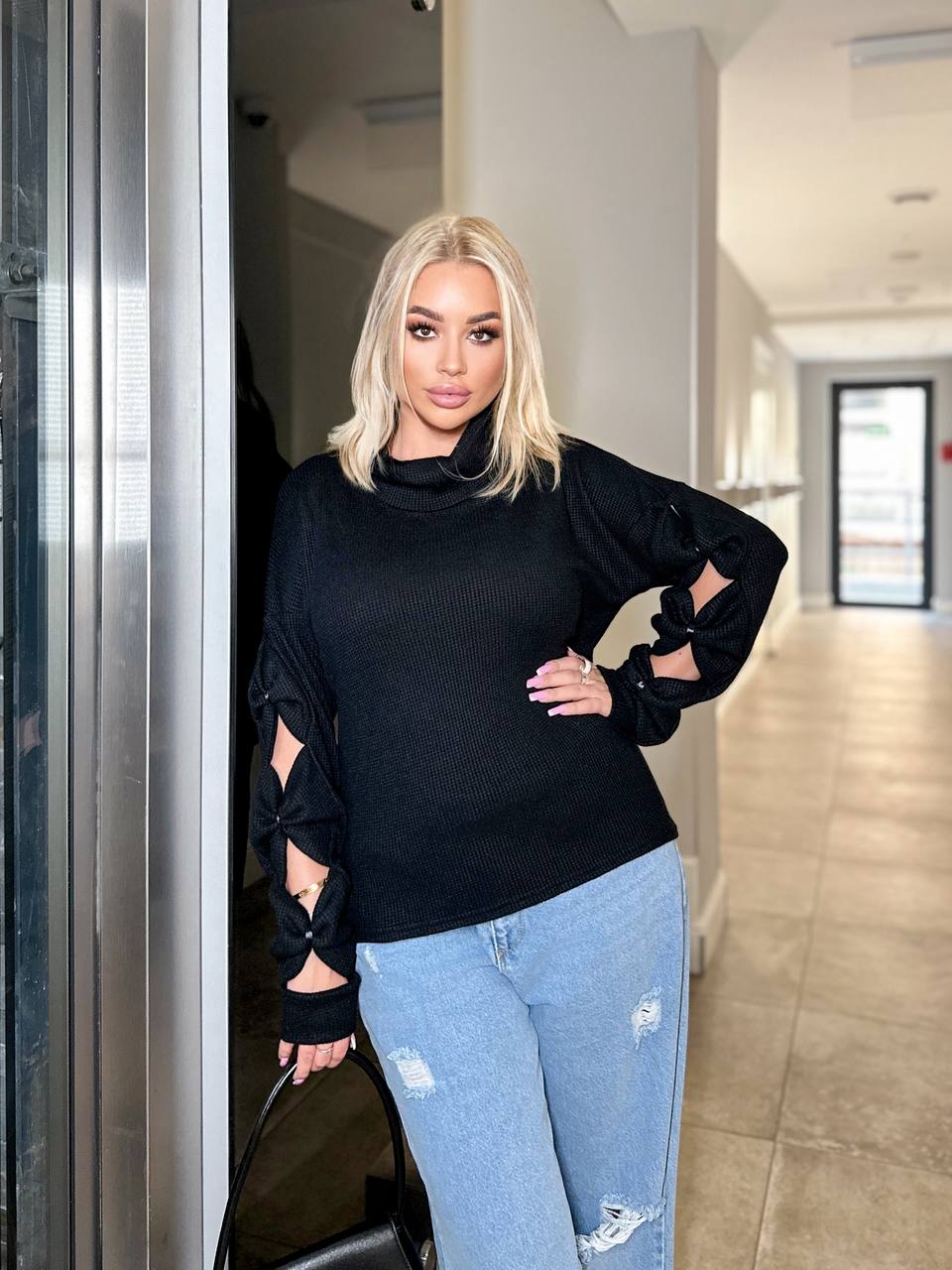 Black Knit Sweater with Bow Sleeve Details