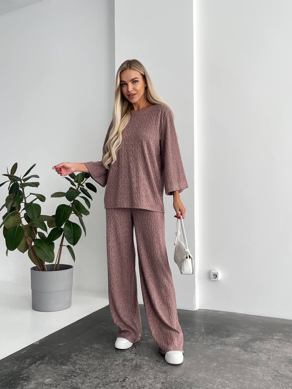 Womens Cozy Angora Braid Knit Loungewear Set