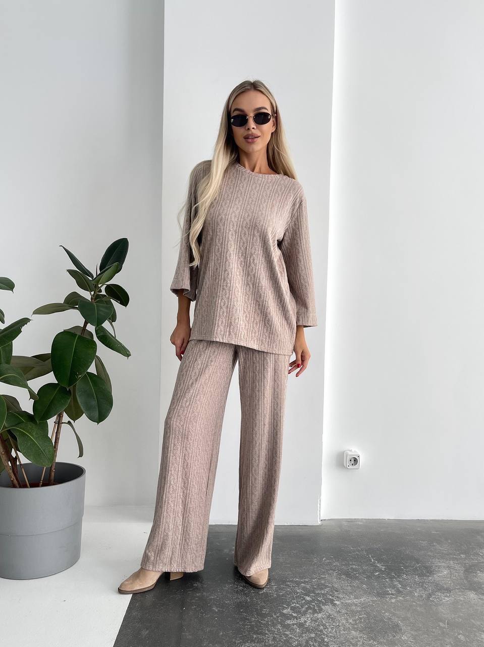 Stylish Costume Set in Beige Soft Angora Knit for Parties and Everyday Wear