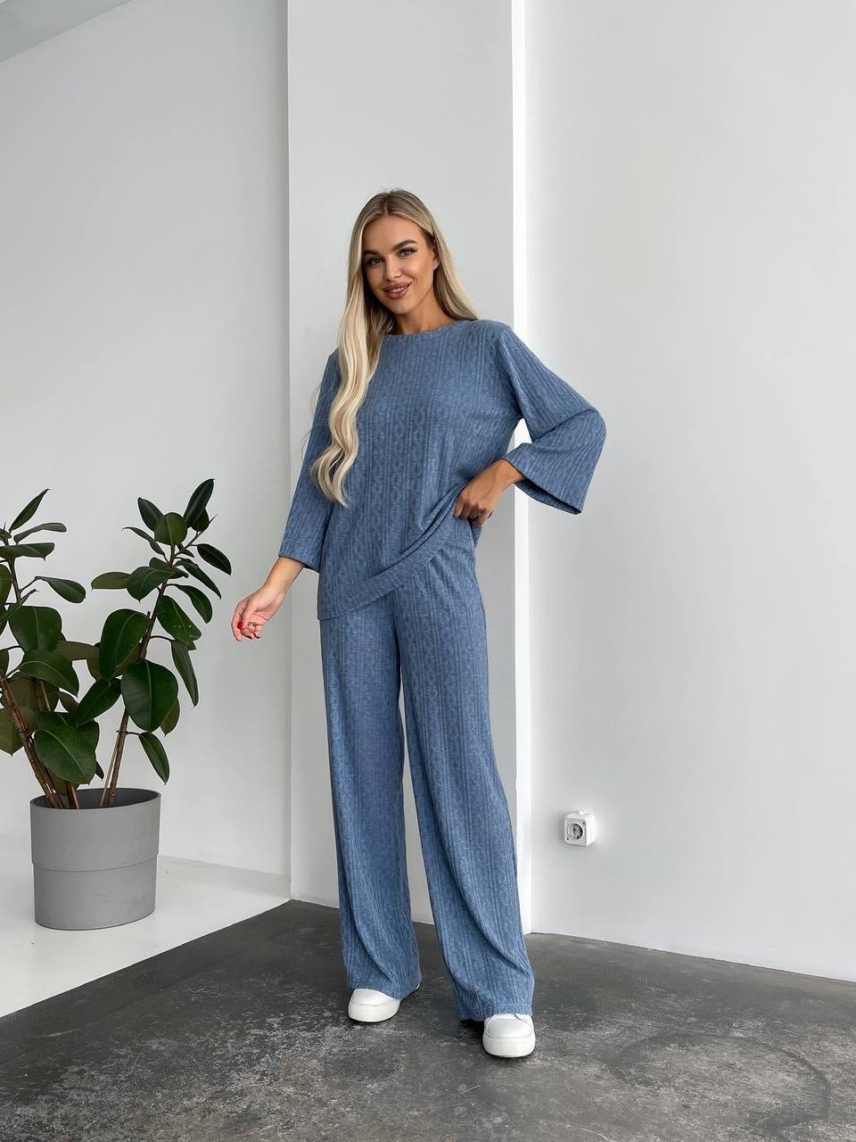 Blue Angora Knit Two-Piece Lounge Set for Women