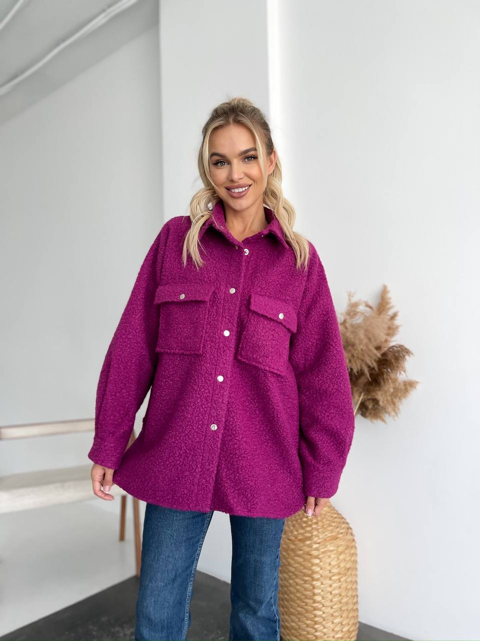 Womens Boucle Wool Shirt Jacket Purple Long Sleeve