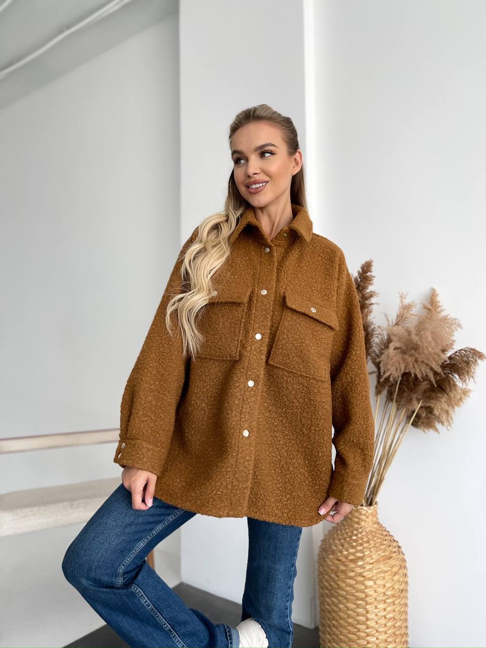 Womens Brown Wool Boucle Casual Shirt Jacket