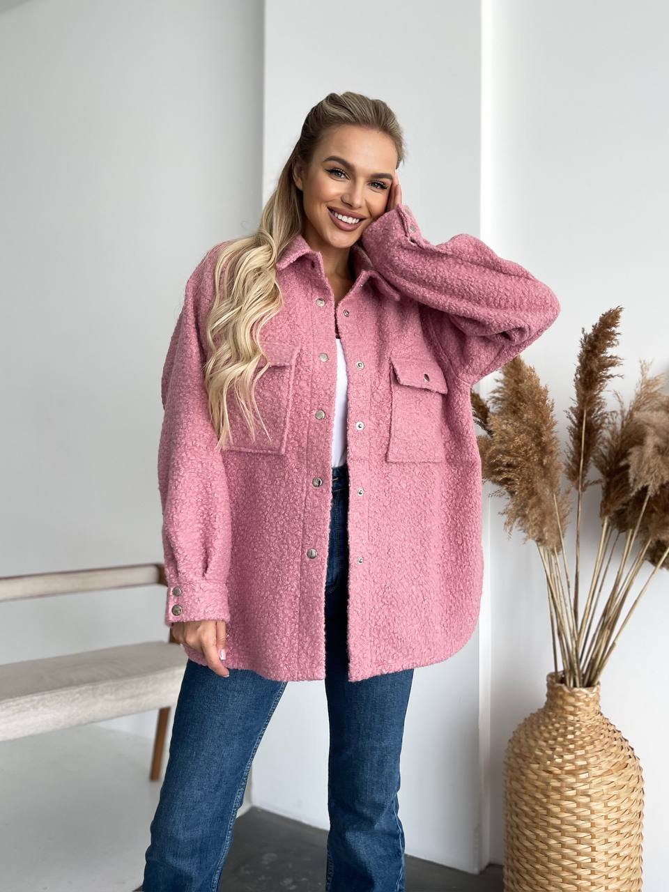 Womens Pink Boucle Wool Shirt Jacket Casual Outerwear