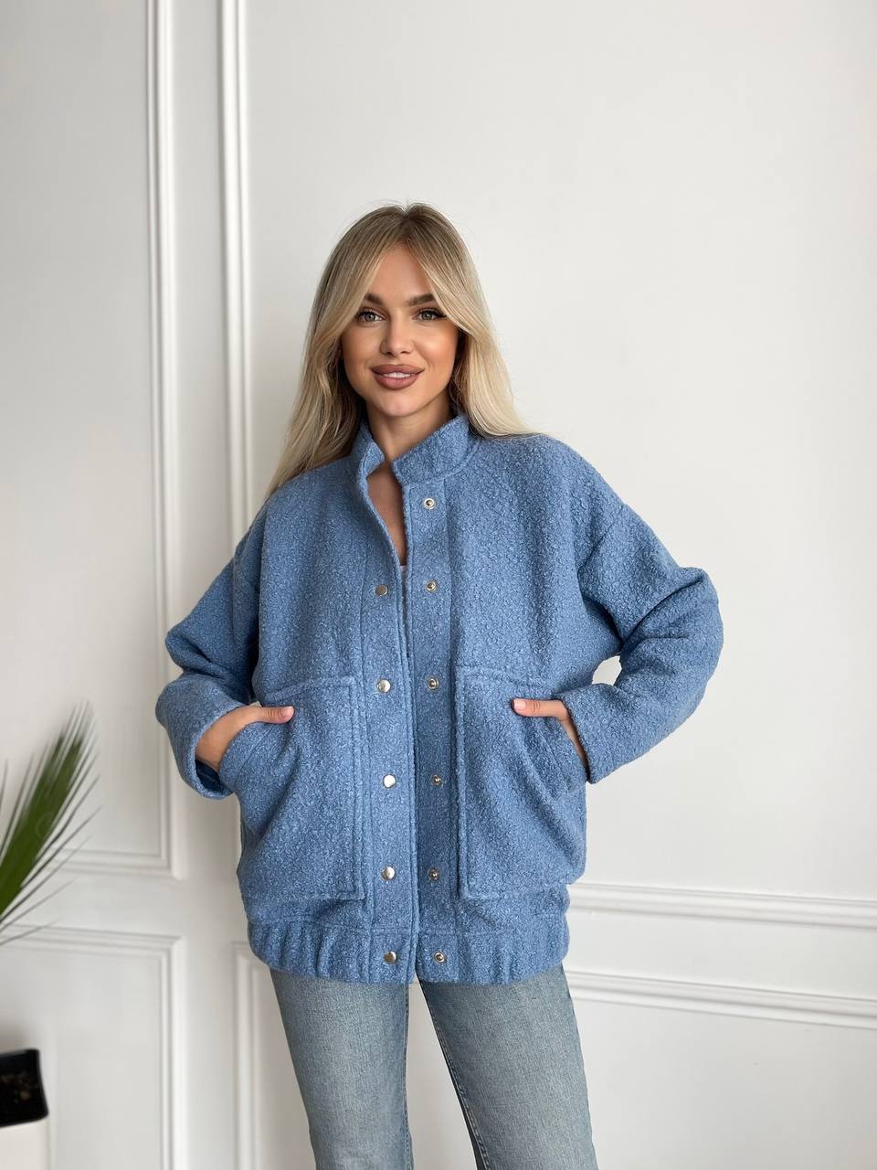 Blue Boucle Sherpa Bomber Jacket for Women