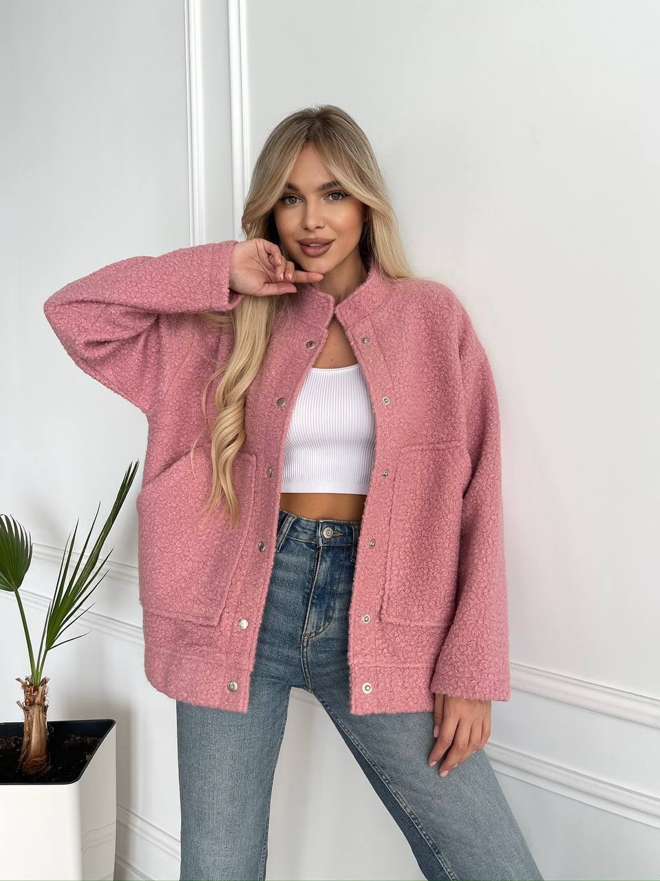 Pink Boucle Sherpa Teddy Jacket Women's Outerwear
