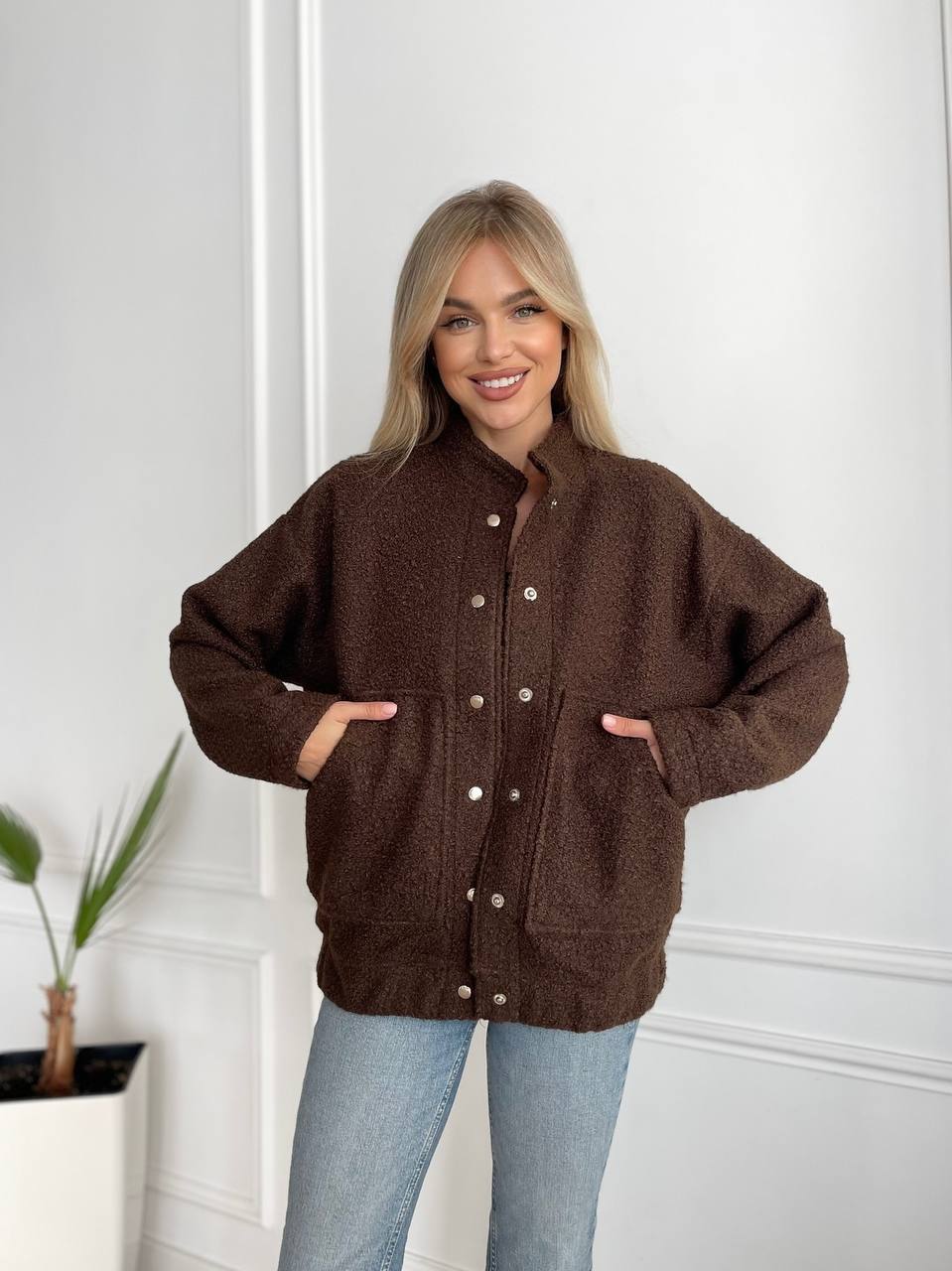Cozy Women's Brown Boucle Sherpa Bomber Jacket