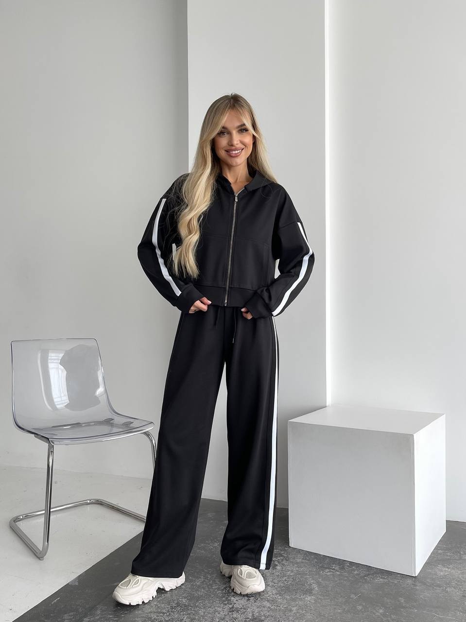 Womens Black Tracksuit with White Stripes Italian Knit