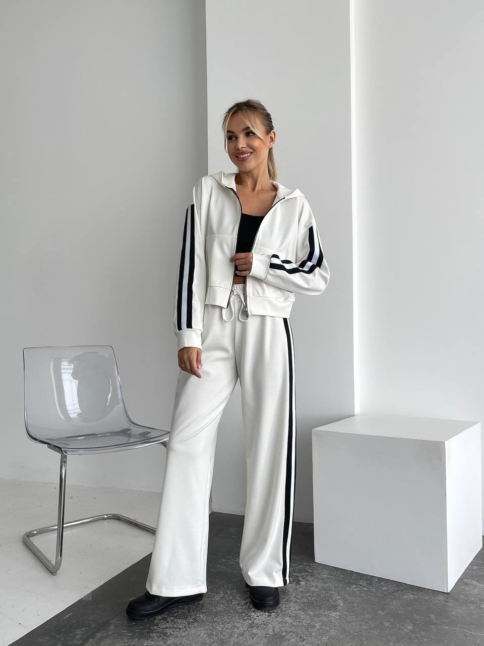 White Tracksuit with Black Stripes Women Italian Knitwear