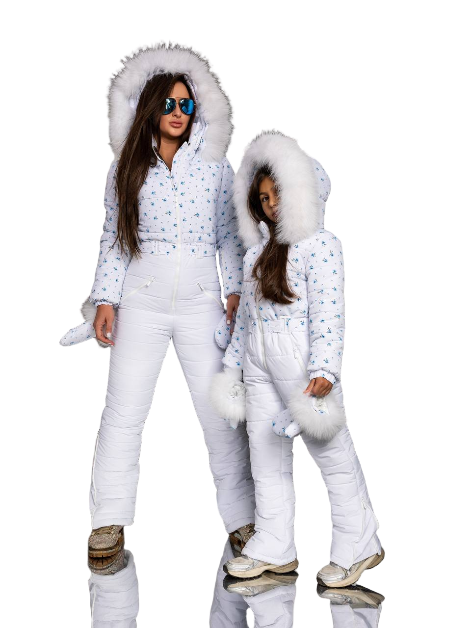 White With Blue Flowers Women And Kids Ski Jumpsuit with Belt Mittens and Bag Insulated Winter Snow Suit