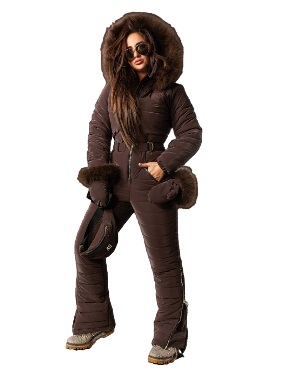 Chocolate Brown Womens Ski Jumpsuit with Belt Mittens and Bag Insulated Winter Snow Suit