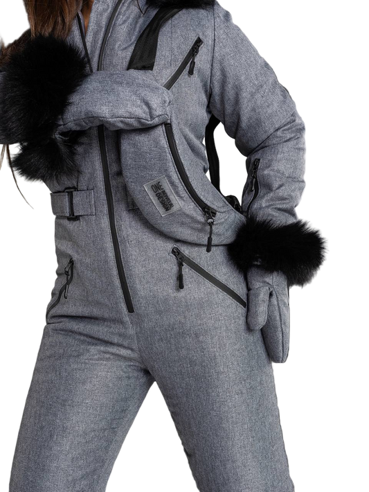 Gray Herringbone Women And Kids Ski Jumpsuit with Bag Mittens and Suspenders Insulated Winter Snow Suit