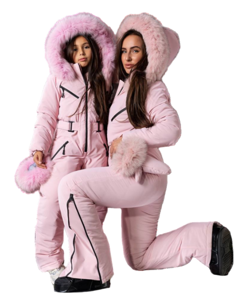 Pink Women And Kids Ski Jumpsuit with Belt Mittens and Bag Insulated Winter Snow Suit