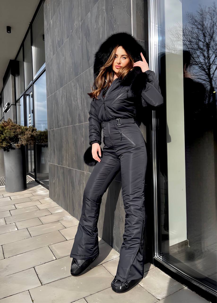 Black Women And Kids Ski Jumpsuit with Belt Mittens and Bag Insulated Winter Snow Suit