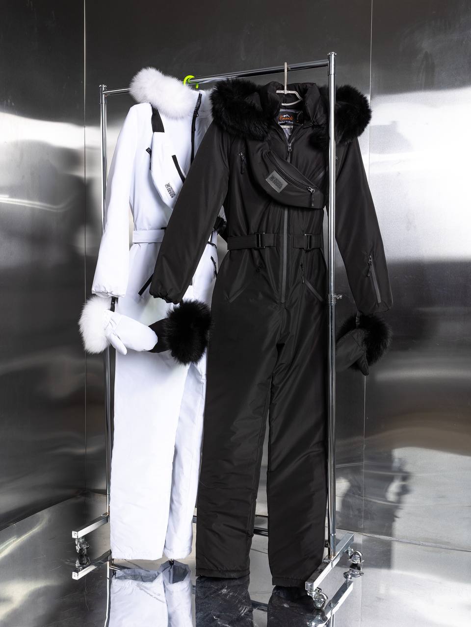 Black Women And Kids Ski Jumpsuit with Belt Mittens and Bag Insulated Winter Snow Suit