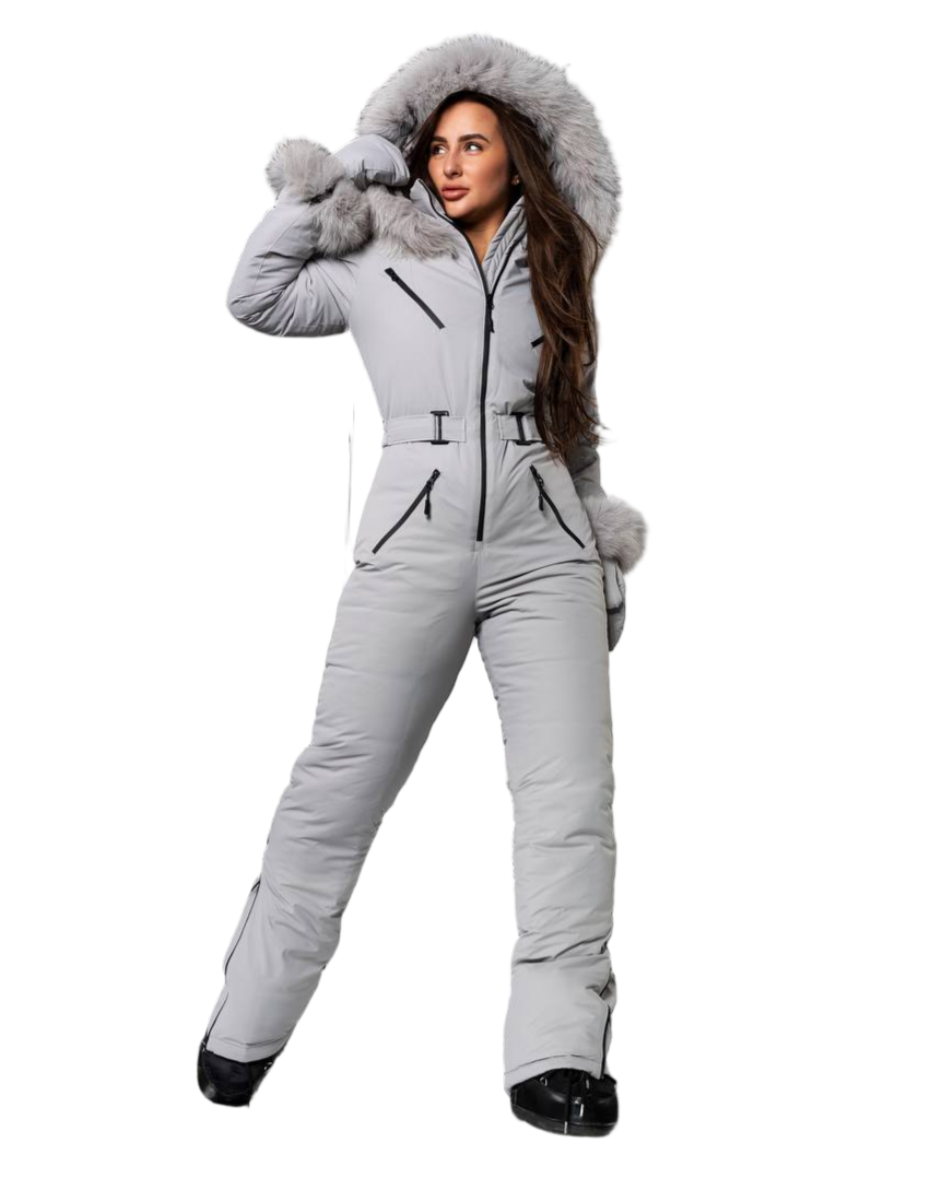 Gray Women And Kids Ski Jumpsuit with Belt Mittens and Bag Insulated Winter Snow Suit