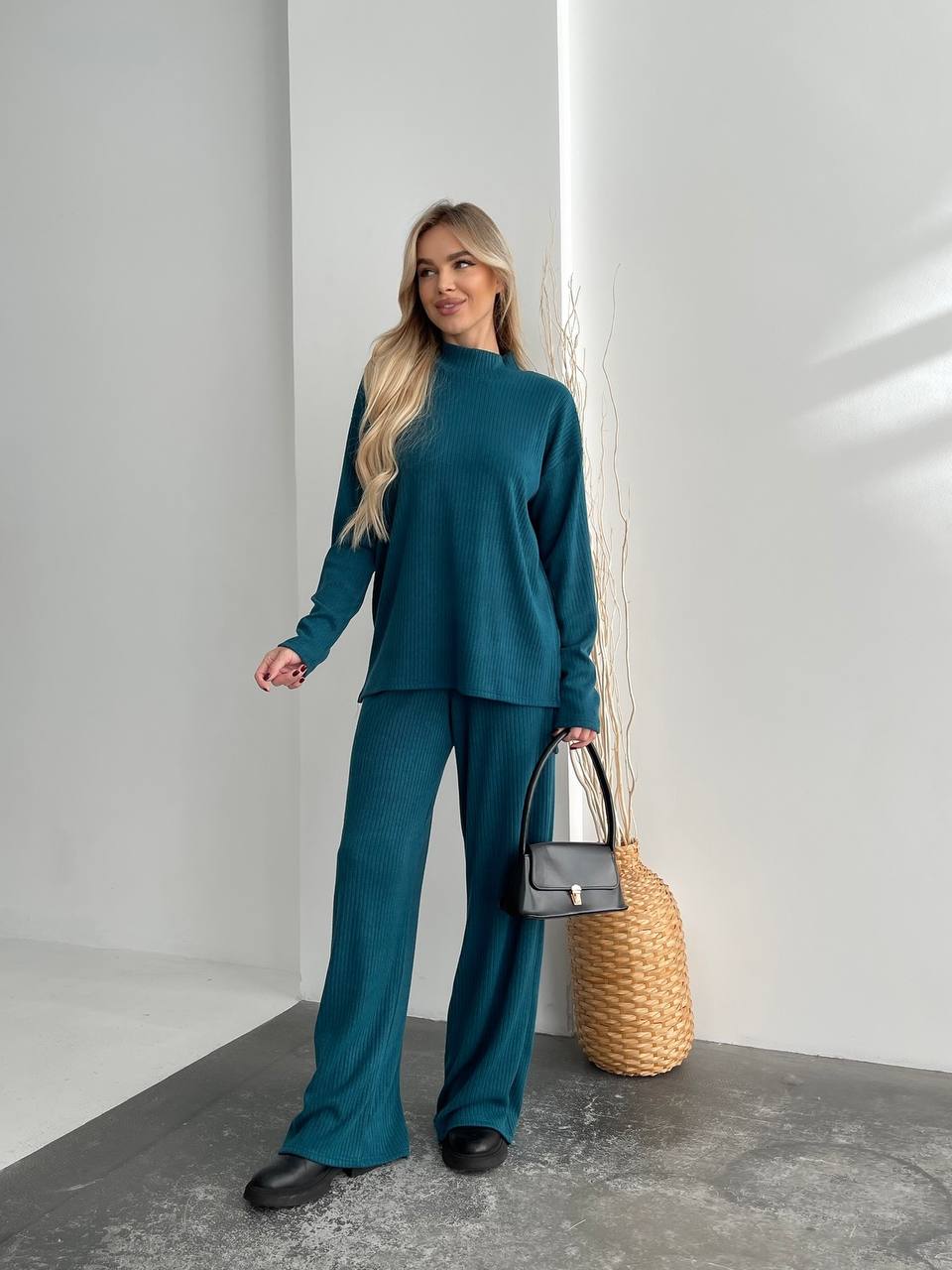 Womens Angora Ribbed Knit Two Piece Set Teal
