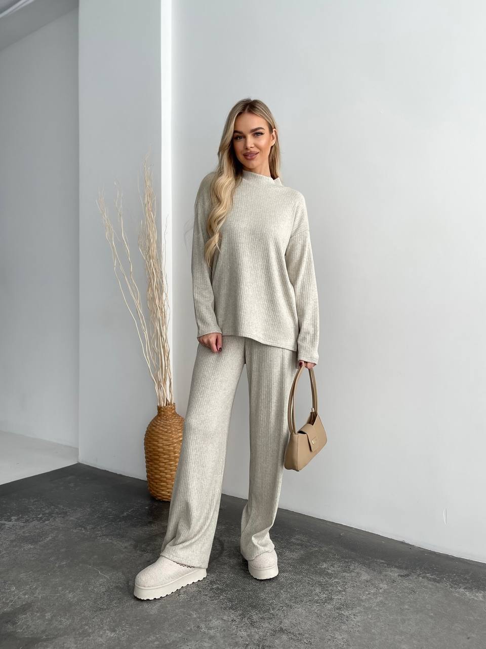 Beige Ribbed Angora Knit Two-Piece Lounge Set