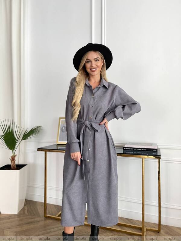 Grey Microvelvet Shirt Dress with Belt and Buttons