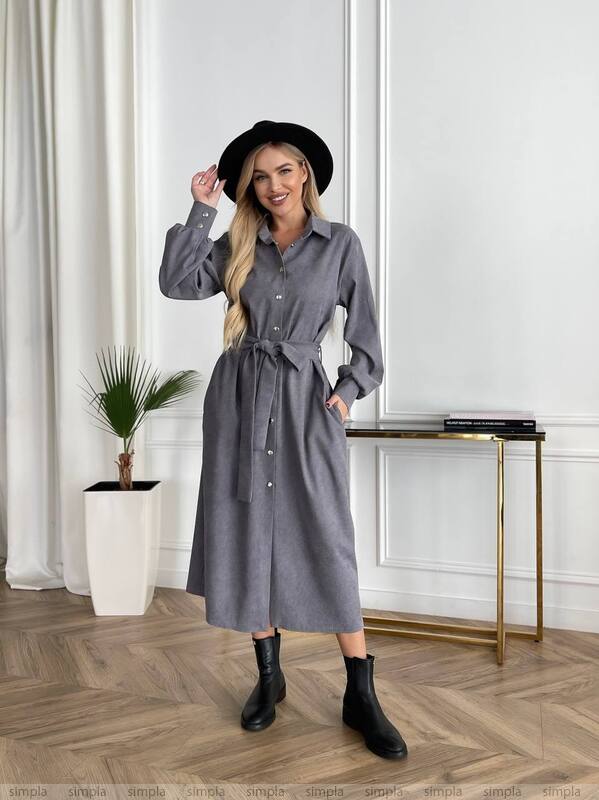 Grey Microvelvet Shirt Dress with Belt and Buttons