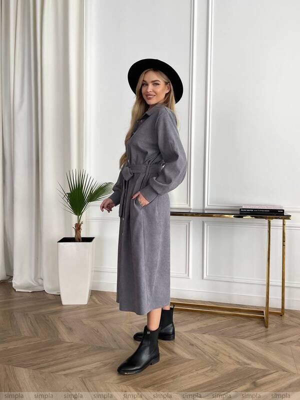 Grey Microvelvet Shirt Dress with Belt and Buttons