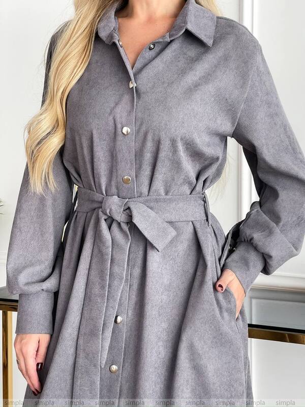 Grey Microvelvet Shirt Dress with Belt and Buttons