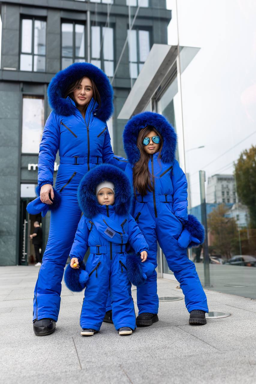 Electric Blue Women And Kids Ski Jumpsuit with Belt Mittens and Bag Insulated Winter Snow Suit