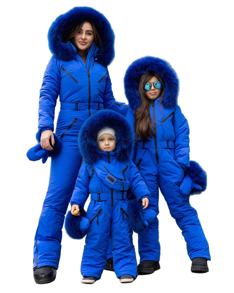 Electric Blue Women And Kids Ski Jumpsuit with Belt Mittens and Bag Insulated Winter Snow Suit