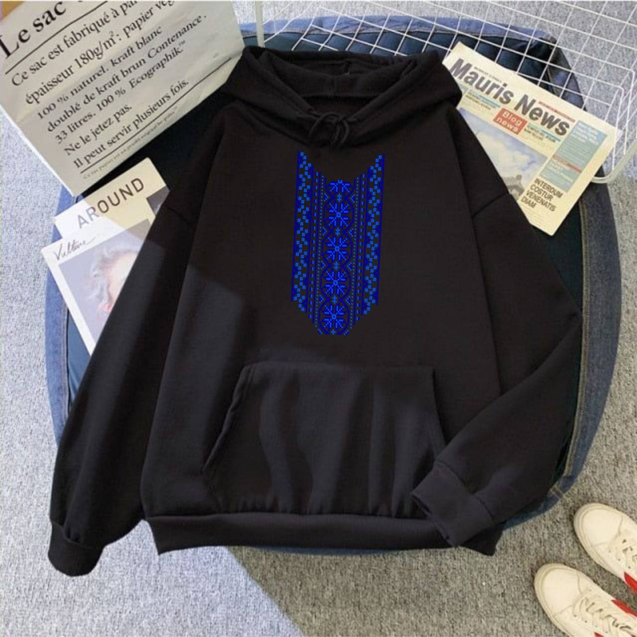 Classic Warm Hoodie with Blue Pattern Print