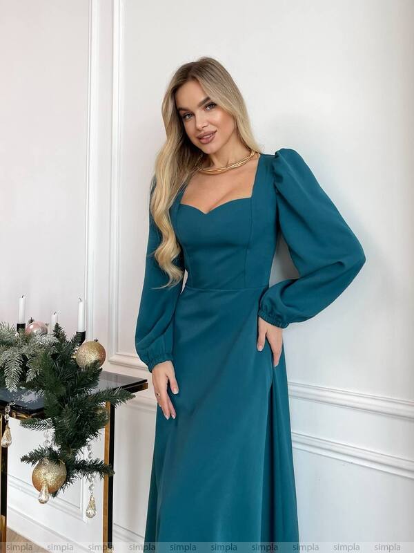 Elegant Teal Midi Dress with Puff Sleeves for Everyday and Special Occasions