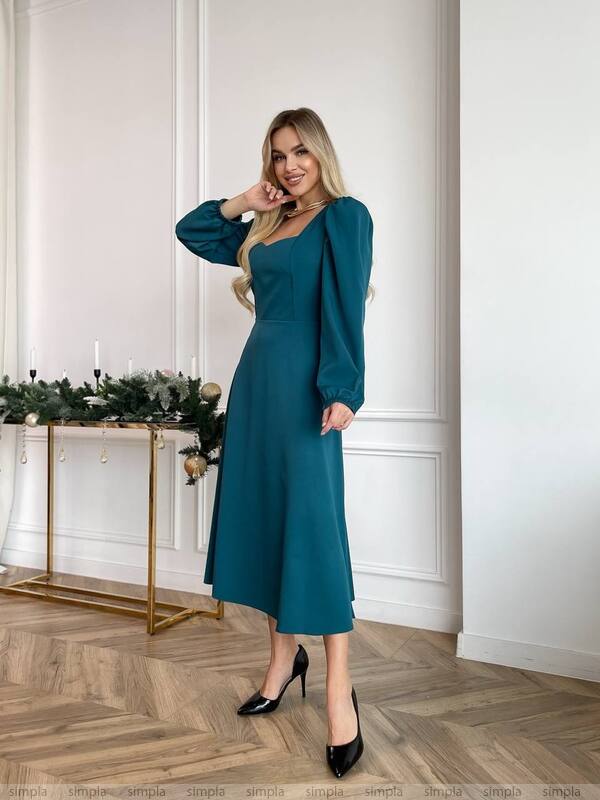 Elegant Teal Midi Dress with Puff Sleeves for Everyday and Special Occasions
