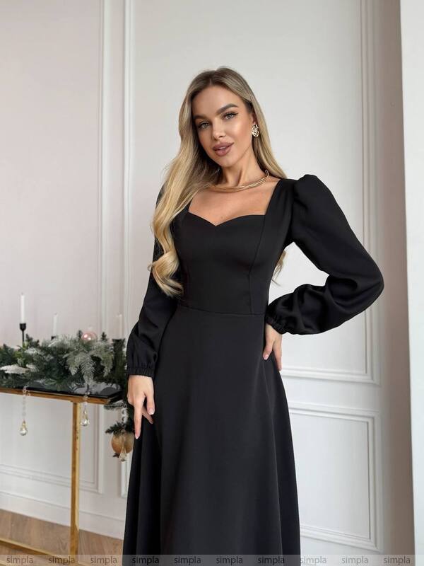Elegant Black Midi Dress with Long Sleeves